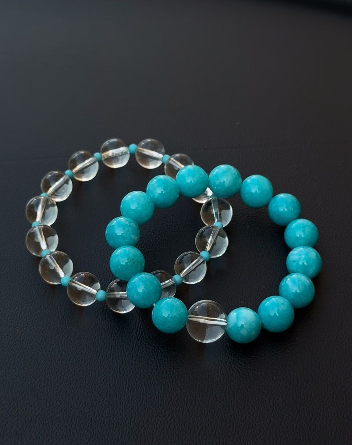 Tranquil Energy: Vibrant Amazonite & Clear Quartz Bracelet Set | Communication and Serenity