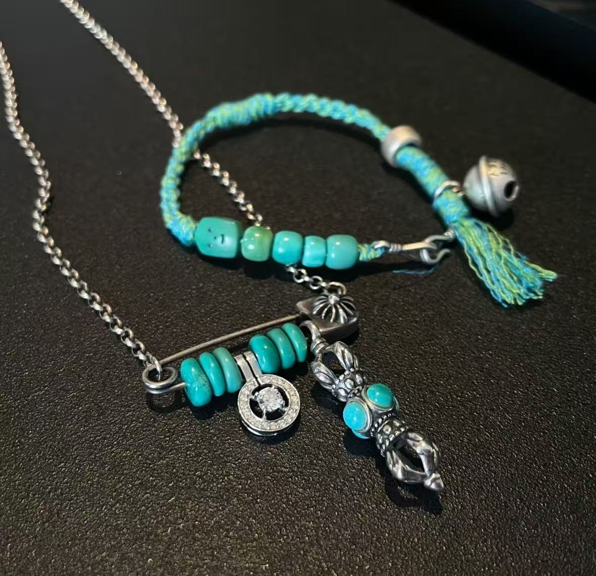 Bohemian Turquoise & Silver Charm Set | Tibetan Vajra Pendant & Cord Bracelet