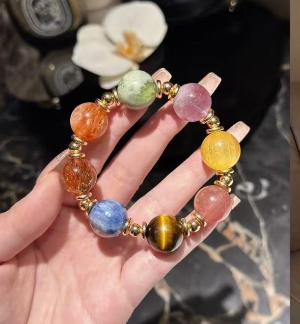 Multi-Gemstone Energy Crystal Bracelet | Natural Healing Stone Spheres with Gold Accents - Luck & Prosperity