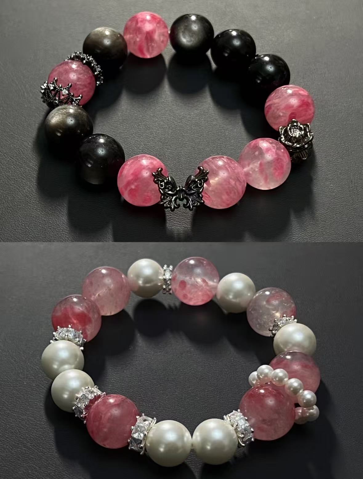 Contrast & Charm: Pink Strawberry Quartz Bracelets Set | Paired with Black Obsidian and Elegant Pearls