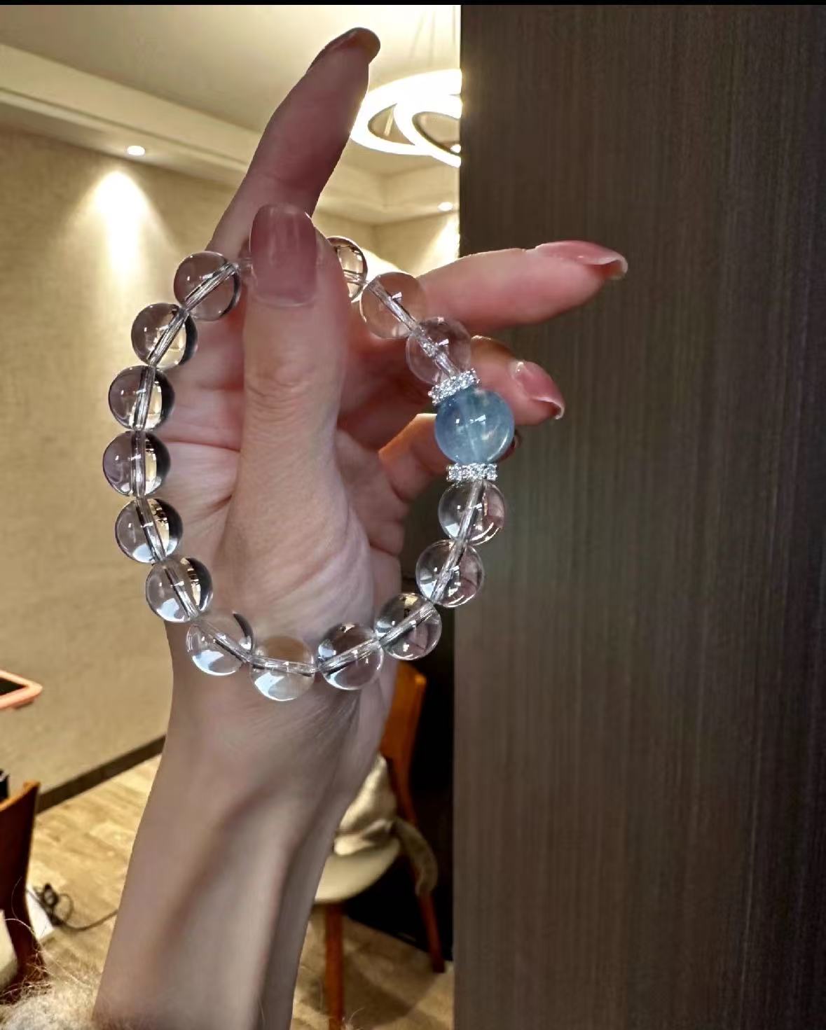 Oceanic Clarity: Large Clear Quartz Bracelet with Blue Aquamarine Focal Bead